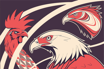 69v Surreal bird portraits, hyper-realistic, vibrant colors, abstract geometric shapes, dynamic composition, intricate details, mixed media, digital art, avian faces, rooster, eagle, exotic bird, glos