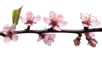 Beautiful Pink Cherry Blossom Flowers on Branch Isolated on White