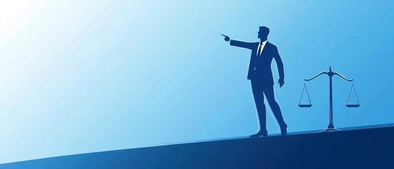 Fototapeta premium Silhouette of a confident businessman pointing forward with scales of justice, representing legal direction, leadership, and ethical guidance in business