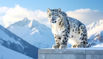 Regal snow leopard surveying alpine peaks under crisp blue sky