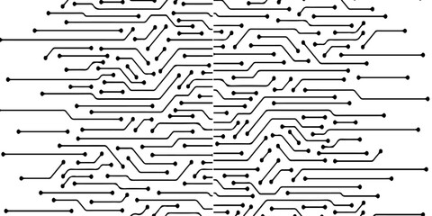 high-tech illustration of a circuit board where sleek black electric lines and pathways connect various components like microchips.
