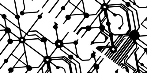 high-tech illustration of a circuit board where sleek black electric lines and pathways connect various components like microchips.