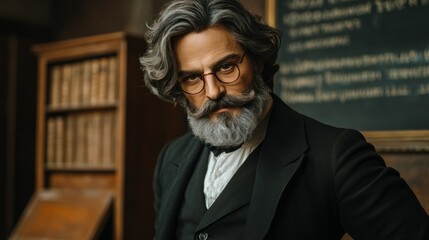 Grizzled professor in period attire, intense gaze