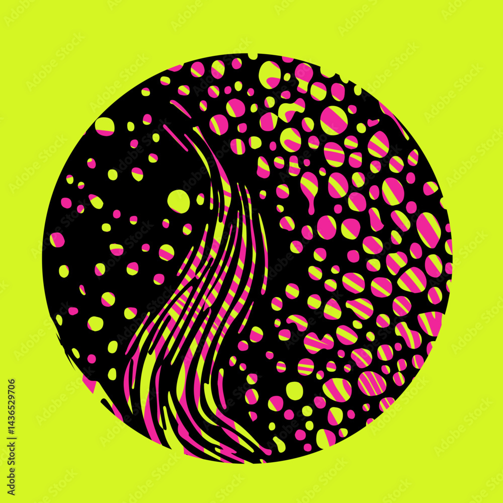 Aufkleber vector illustration of a black and pink circle with wavy, psychedelic lines on a bright yellow backg