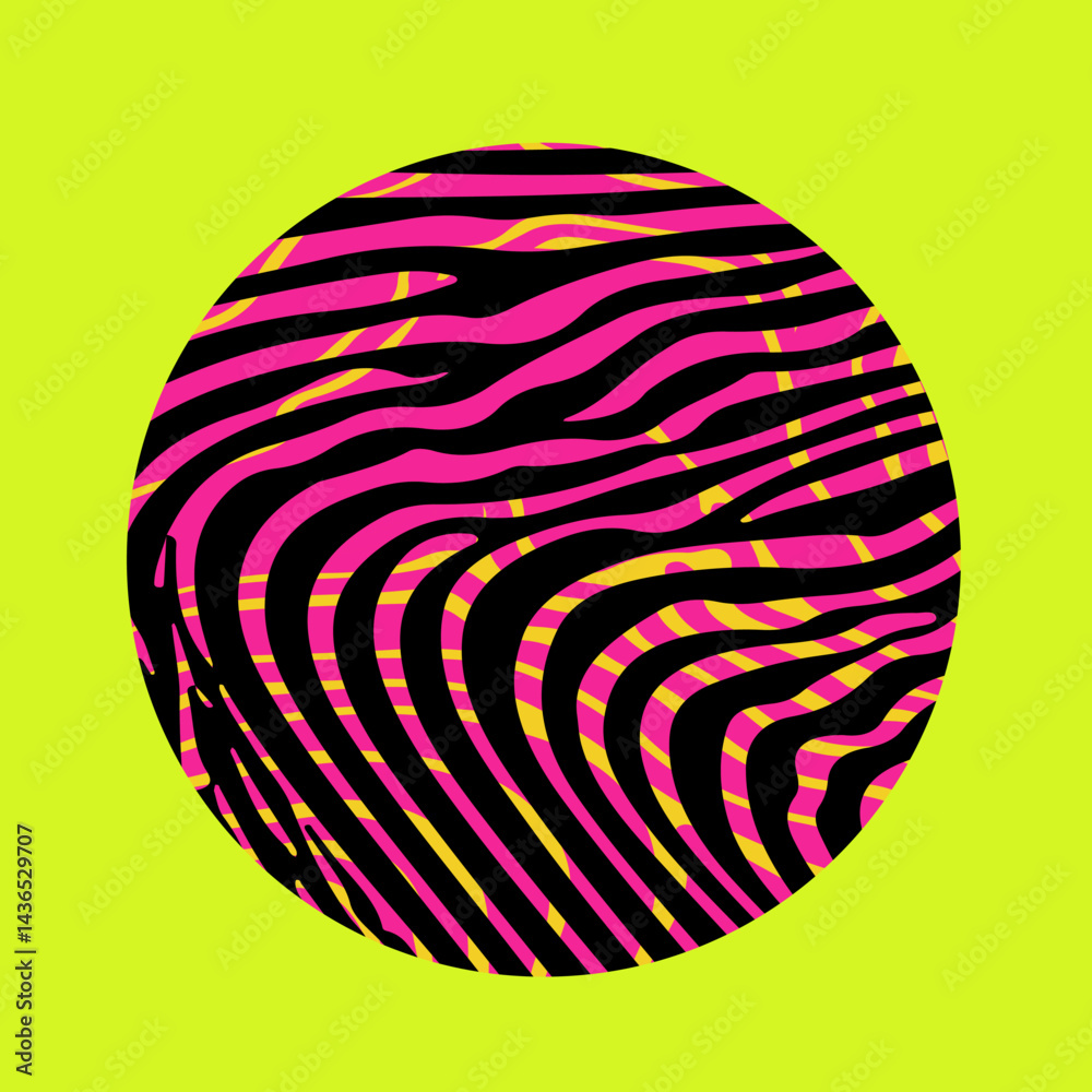 Poster Vector illustration of a black and pink circle with wavy, psychedelic lines on a bright yellow background. The abstract pattern creates a vibrant, optical, and retro effect.