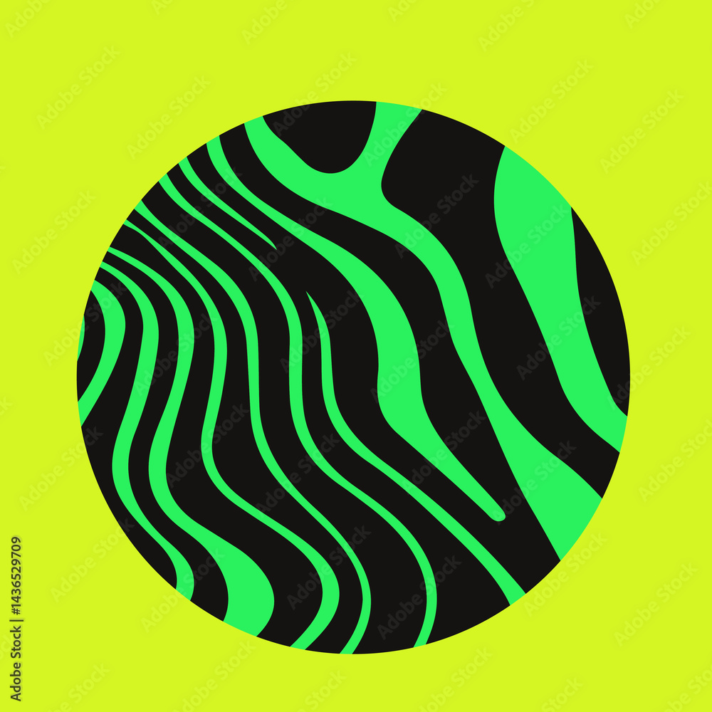 Poster vector illustration of a black and green circle with wavy, psychedelic lines on a bright yellow back