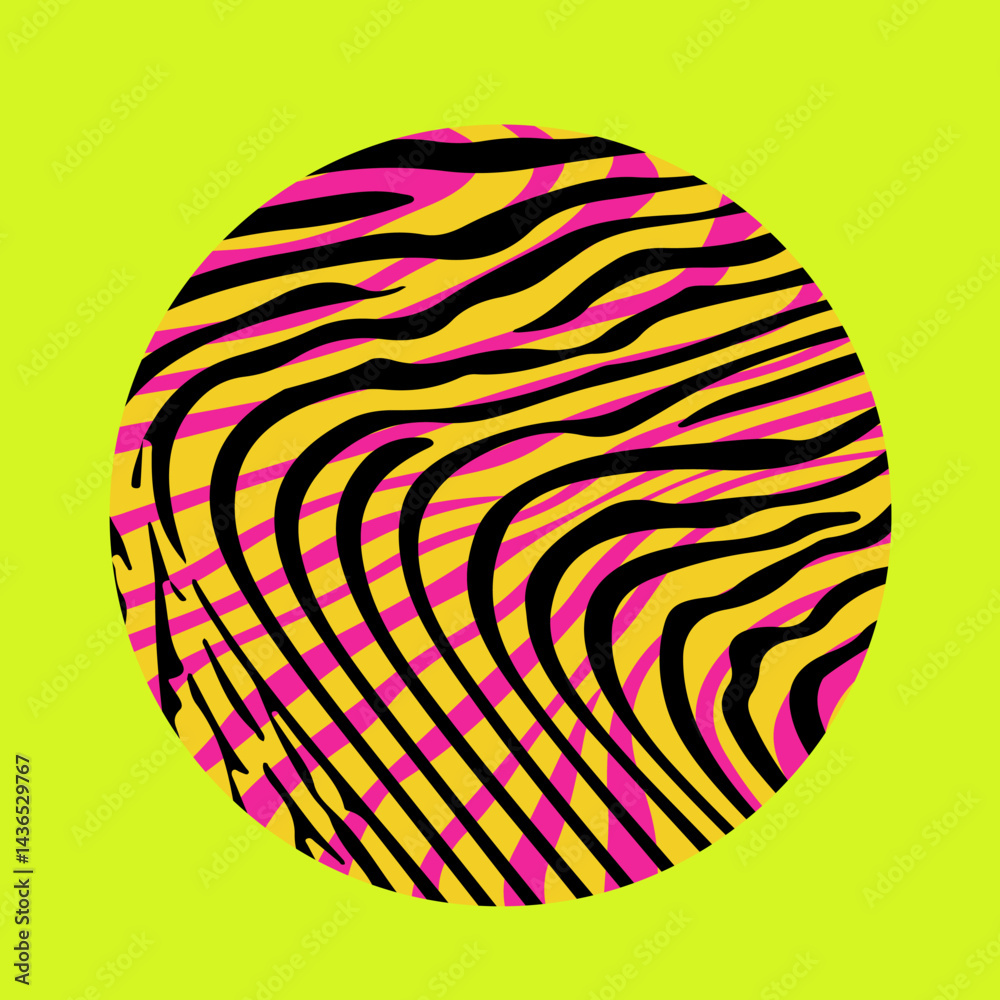 Aufkleber vector illustration of a black and pink circle with wavy, psychedelic lines on a bright yellow backg