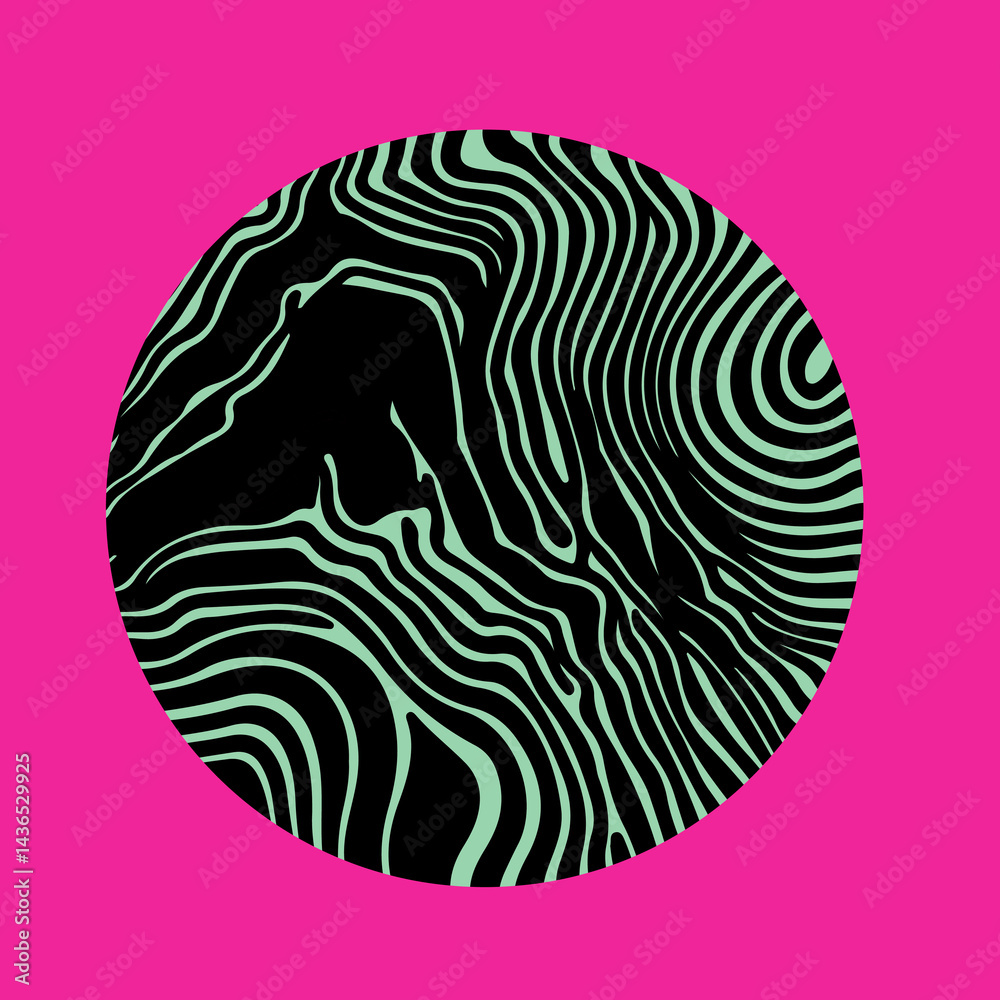 Poster Psychedelic vector illustration with a circular shape featuring wavy green and black patterns on a vibrant pink background, creating a bold, modern, and abstract look.