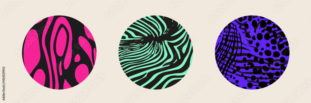 Poster vector illustration featuring four circles with psychedelic, wavy abstract patterns in pink, blue an