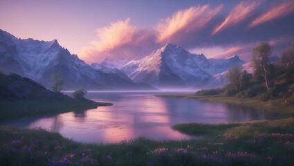 Mountain Lake at Sunset Landscape