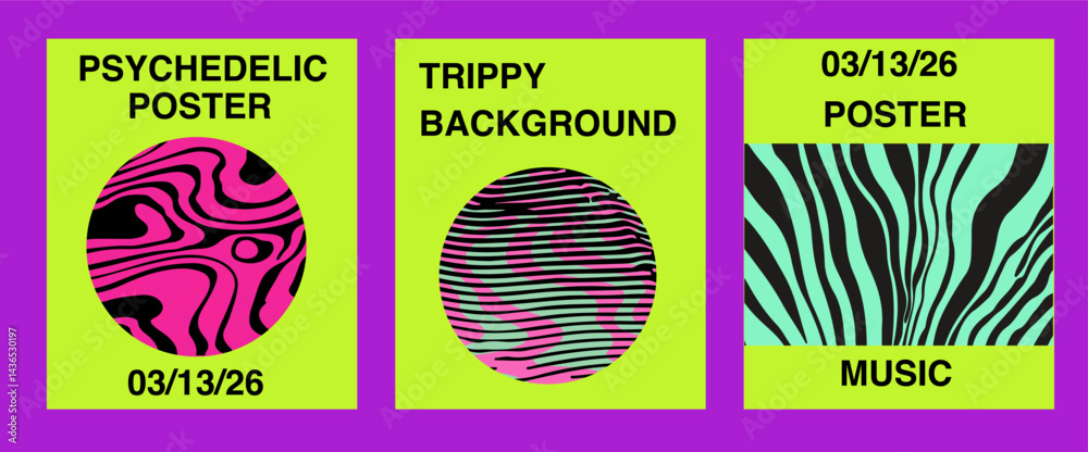 Poster Bright vector illustration featuring three psychedelic posters with abstract, trippy circular patterns and bold text on neon backgrounds, ideal for music or event promotions.
