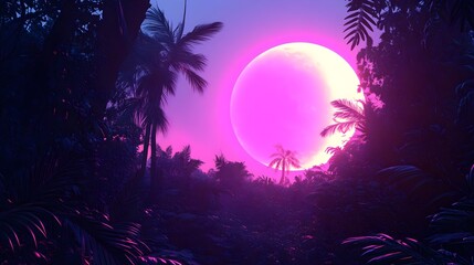 Fototapeta premium Neon Purple Circle Glow in Jungle with Lush Vegetation Background