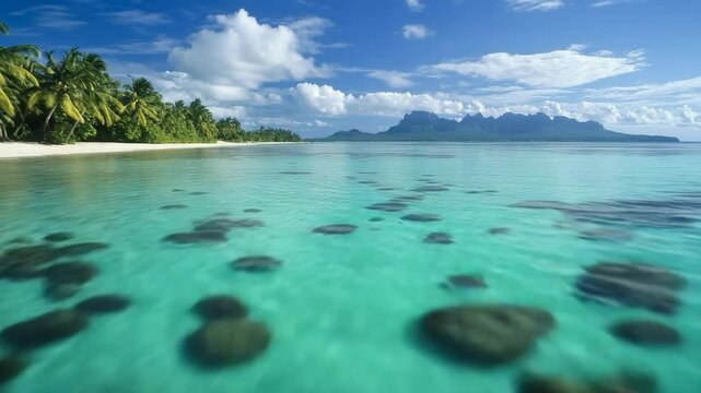 Tropical Beach Paradise. Turquoise water, palm trees, sunny sky, white sand