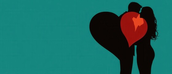 Silhouette of loving adult couple embracing with red heart on teal background Concept of romance, love, relationship, valentines day, and connection
