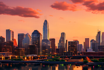 Obraz premium Stylized illustration of a city skyline reflected in water with bright colors and elongated shadows, high quality, generative ai