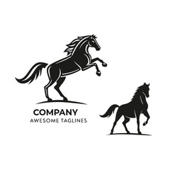 Black Horse Logo Design Two Poses Elegant Stallion Silhouette