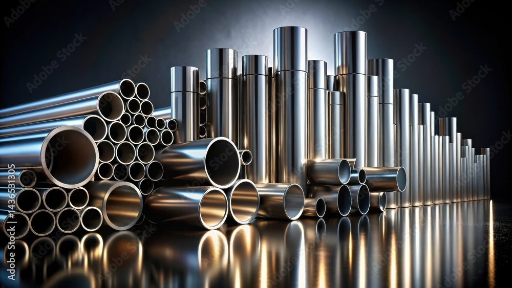 Poster a gleaming array of metal tubes and pipes in a dark studio setting, showcasing a variety of diameter