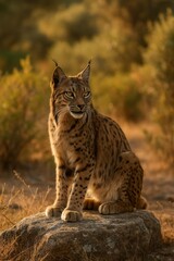 Fototapeta premium Iberian lynx perched alertly on a rock in warm Mediterranean light. AI-generated