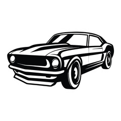 Classic American Muscle Car Illustration, Black and White Silhouette, Retro Style Auto
