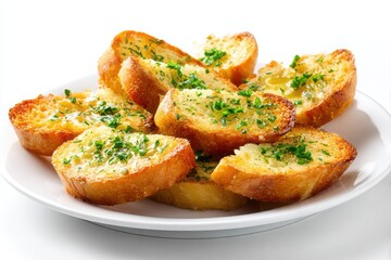 Herb-seasoned garlic bread slices served on a plate isolated on white background for food and appetizer themes