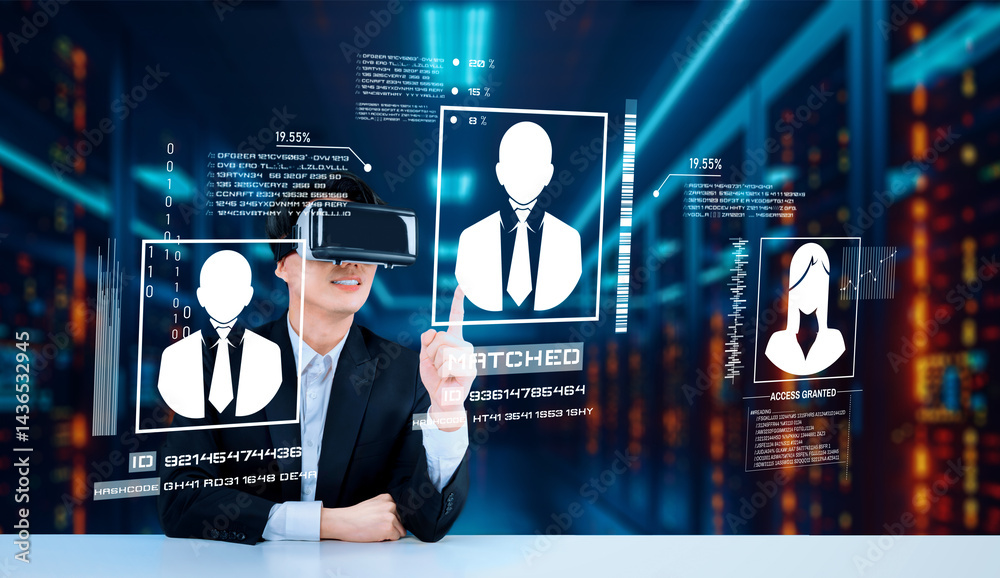 Poster businessman with goggles working while using security protection. manager with formal suit checking 