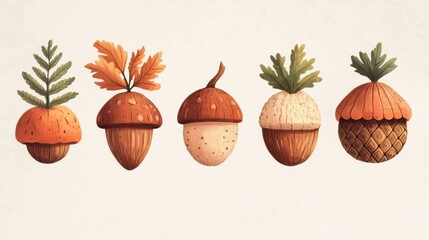 Whimsical acorn family autumn holiday home decoration on beige, cozy background