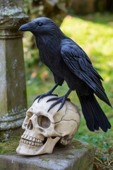 Obraz premium A raven stood upon a human skull in a cemetary, very detailed, anatomically correct, clean and crisp realistic photo created by ai