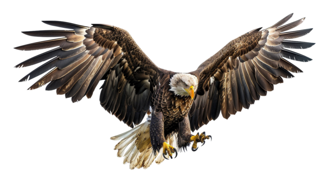 Majestic bald eagle in flight with fully extended wings and sharp talons reaching down. isolated on transparent background.