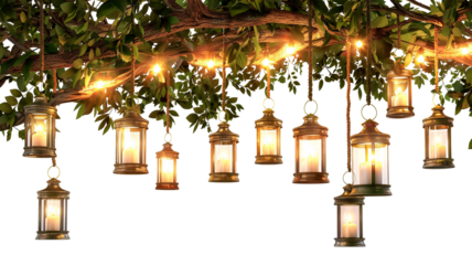Warm glowing lanterns and string lights hanging from a leafy tree branch.