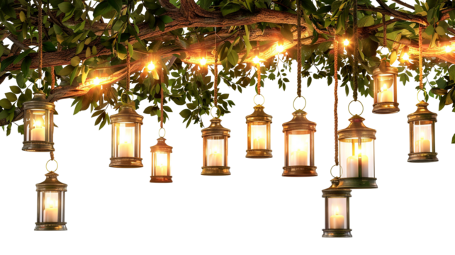 Warm glowing lanterns and string lights hanging from a leafy tree branch.