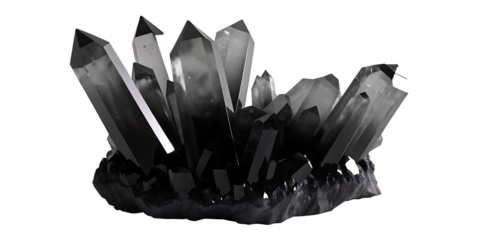 Black cluster of iridescent quartz crystals shining isolated on white background. PNG
