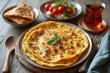 Rustic Indian Roti Flatbread Stack on Plate with Herbs, Tea, Tomatoes and Rice, Cozy Meal, Neutral Wooden Table, Warm Lighting, Close Up View         
