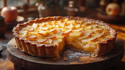 Apple pie with a slice cut out on a wooden stand.