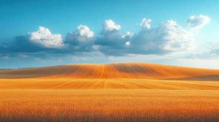 Golden field under a blue sky with fluffy white clouds on the horizon.