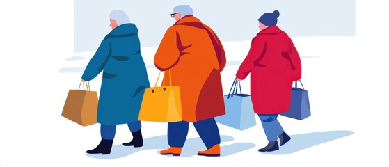 Naklejka premium Three senior women in colorful winter coats walking with shopping bags outdoors Concept of friendship, consumerism, and seasonal sales