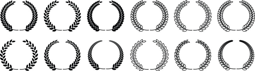 A collection of black laurel wreath designs in minimalist, elegant styles. Perfect for use in awards, certificates, logos, and decorative elements symbolizing victory, honor