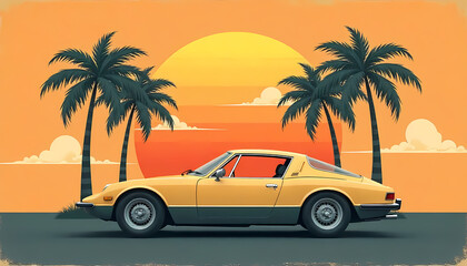 Yellow vintage car cruising along a coastal road under a beautiful sunset with palm trees.