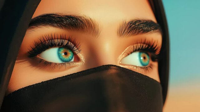 Close-up of captivating eyes framed by a hijab with stunning colors and light.