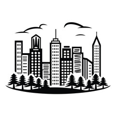 Obraz premium Monochrome Skyline Silhouette with Pine Trees, Minimalist Cityscape