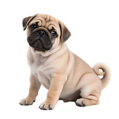 Obraz premium pug puppy, fawn color, wrinkled face, large eyes, curled tail, sitting pose