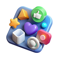 3D Render of Colorful Mobile App Icons Interface on Transparent Background