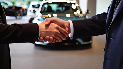 Business professionals shaking hands in a modern car showroom with luxury vehicles in the background
