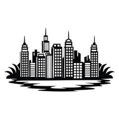 Obraz premium Black Silhouette of Cityscape, Modern Urban Skyline with Buildings and Reflection Pattern