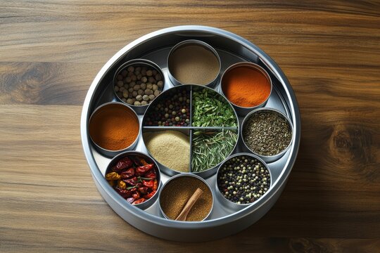 Assorted colorful Indian spices in a round metal spice box, arranged in small containers on a wooden table. - Powered by Adobe
