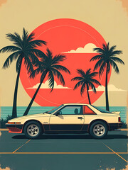A vintage car, palm trees, and a sunset create a vibrant, retro beach landscape.