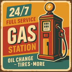 Vintage gas station poster with retro fuel pump design motor oil advertisement and car service and repair theme for automotive wall decor