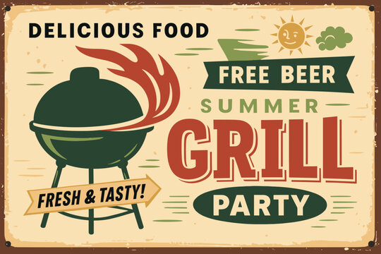Vintage barbecue party poster with retro grill appliance red fire flames and summer green background for outdoor cooking and bbq event design