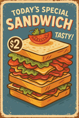 Big Sandwich Retro Advertisement &ndash; Fast Food Vintage Sign On Rusty Metal Background, Snacks Vector Illustration