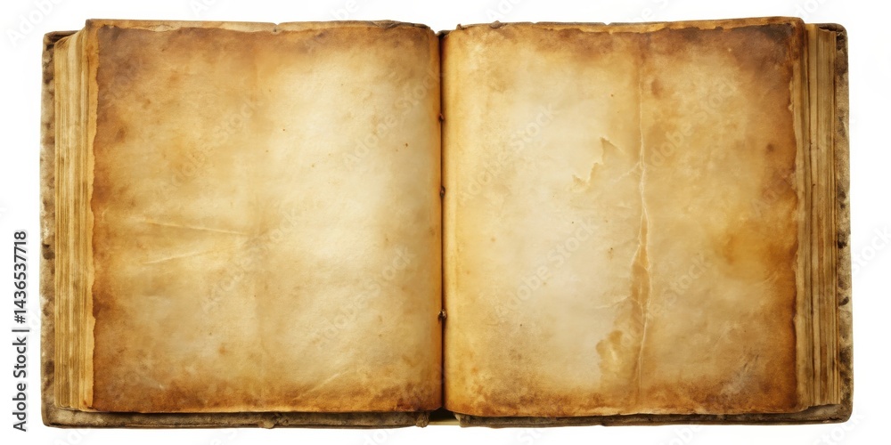 Poster aged book open to blank yellowed pages, showing texture and time's passage