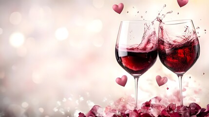 Romantic Toast with Clinking Glasses of Red Wine and Hearts